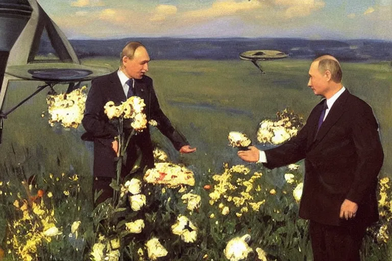 Image similar to vladimir putin greeting ufo with flowers, john singer sargent