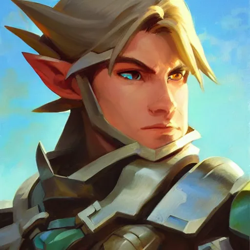 Image similar to greg manchess portrait painting of armored link from legend of zelda as overwatch character, medium shot, asymmetrical, profile picture, organic painting, sunny day, matte painting, bold shapes, hard edges, street art, trending on artstation, by huang guangjian and gil elvgren and sachin teng