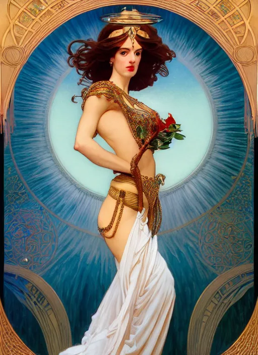 Image similar to leyendecker, michael whelan, belly dancing woman with long wavy hair, graceful arms, jeweled costume, jewels, flowers, art nouveau, stephen bliss, unreal engine, by greg rutkowski, loish, ferdinand knab, ilya kuvshinov, rossdraws, tom bagshaw, alphonse mucha, global illumination, radiant light