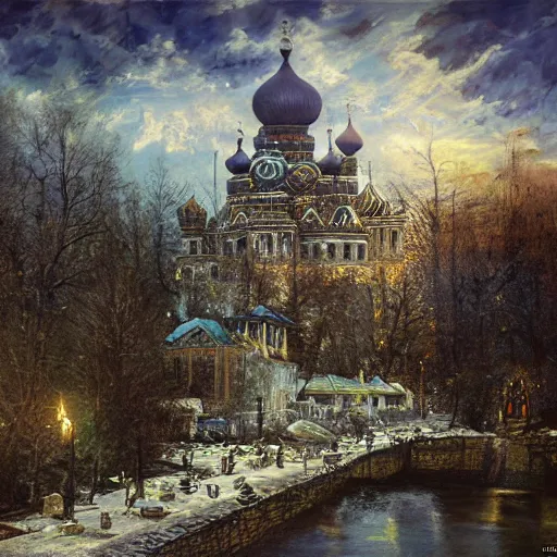 Image similar to photo beautiful magical ancient Slavic Russian city of Kitezh, fisheye lens, painting by Viktor Vasnetsov, concept art, magical city, fantasy cityscape, ancient Slavs, wooden buildings, ancient Russian architecture, terem, hyperborea, top cinematic lighting , cinematic mood, very detailed, 8k, high resolution, trending on artstation, painting by Nicholas Roerich, artstationHD,