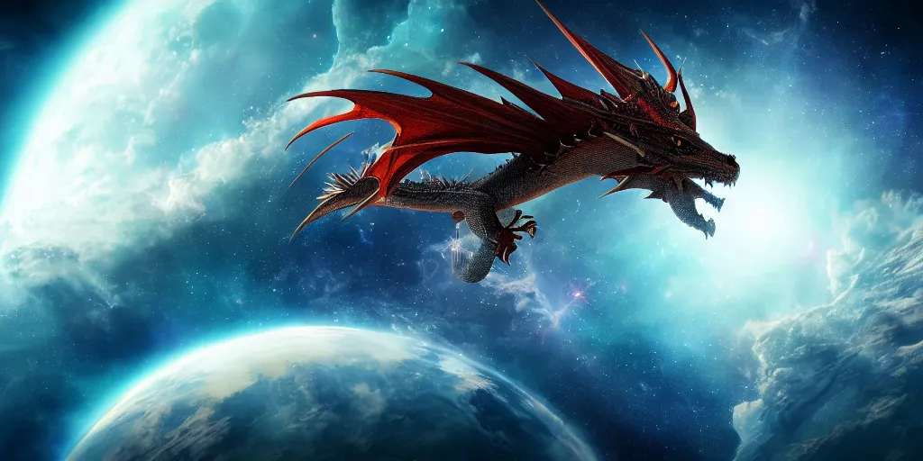 Prompt: photo of dragon in space, beautiful light, sharp focus, elegant, cinematic, higlhy detailed, 8 k, photorealistic