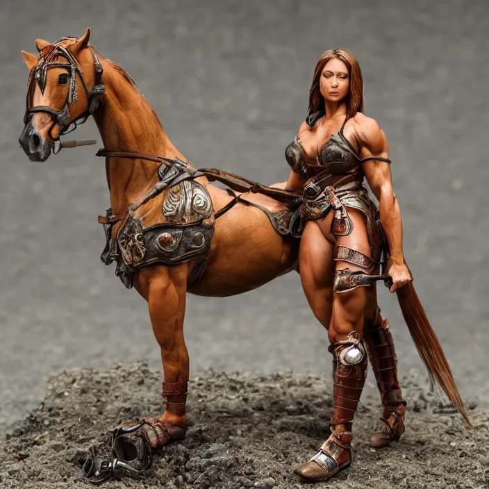 Image similar to 80mm resin detailed miniature of a Muscular Woman warrior standing next to a Horse, Product Introduction Photos, 4K, Full body, simple background