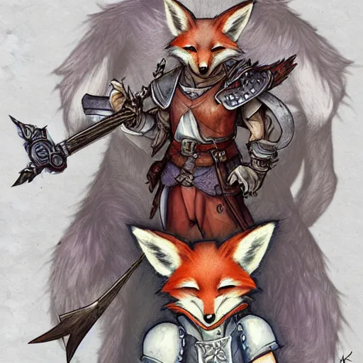 Prompt: heroic character design of anthropomorphic fox, whimsical fox, portrait, holy crusader medieval, final fantasy tactics character design, character art, whimsical, vibrant, stunning, lighthearted, colorized pencil sketch, highly detailed, Akihiko Yoshida