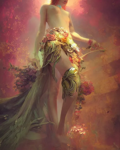 Prompt: Floralpunk elysian Maiden of radiant light by Ruan Jia, award winning art, Artstation, art nouveau aesthetic