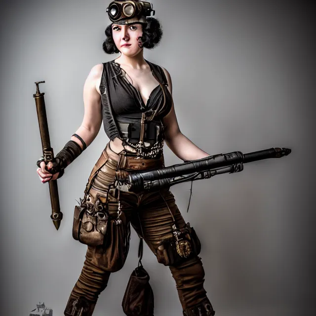 Image similar to full length photo of a very beautiful female dieselpunk warrior, 8 k, hdr, smooth, sharp focus, high resolution, award - winning photo