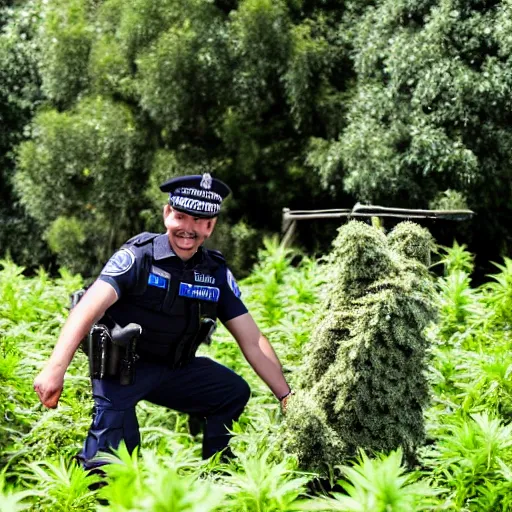 Image similar to police man harvesting weed with a smile, sharp, 8k, detailed face