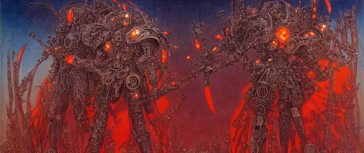 Prompt: composition of gothic and futuristic, warhammer, cyber japan armor, more scars, many mechflowers, thunderstorm, red head, some orange, the middle ages, highly detailed, artstation, in the style of moebius, jugendstil and classic japanese print, psychedelic, art by jean delville and tim burton