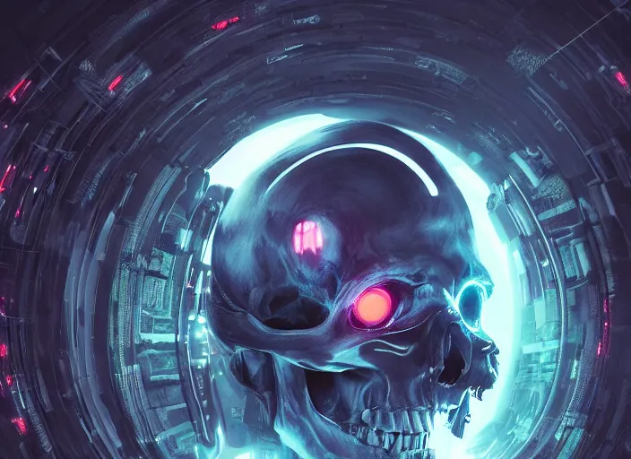 Prompt: a futuristic skull with glowing eyes and a wormhole tunnel, cyberpunk art by greg rutkowski, behance contest winner, computer art, darksynth, synthwave, rendered in cinema 4 d