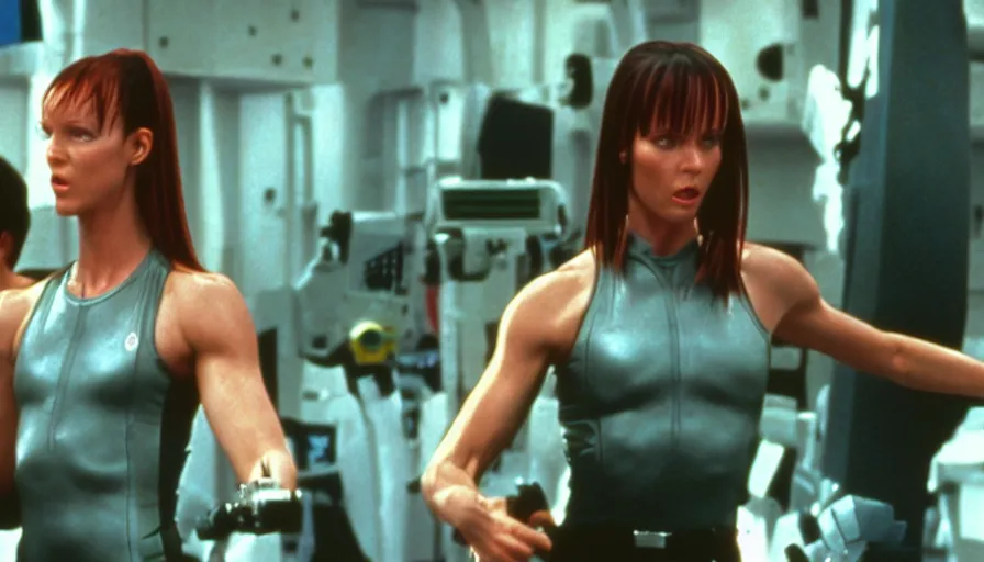 Image similar to The matrix, LeeLoo, Starship Troopers, Olivia Pope, 1990's Olympics footage, Sprinter athletes recovering from a race, tuning their mechanical legs with mechanics helping, intense moment, cinematic stillframe, dramatic lighting, The fifth element, vintage robotics, formula 1, starring Geena Davis