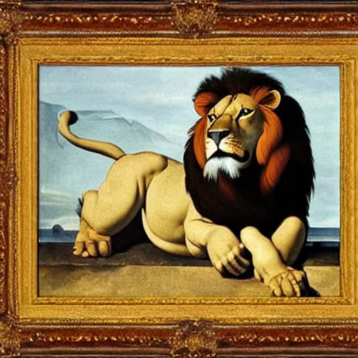 Image similar to majestic painting of a lion by Michelangelo Merisi da Caravaggio