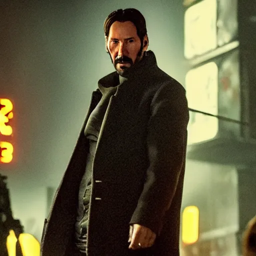 Prompt: Keanu Reeves as a mercenary in Blade Runner: 2049