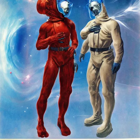 Prompt: two scientists wearing red rick owens hazmat suits in a blue nebula wormhole by frank frazetta