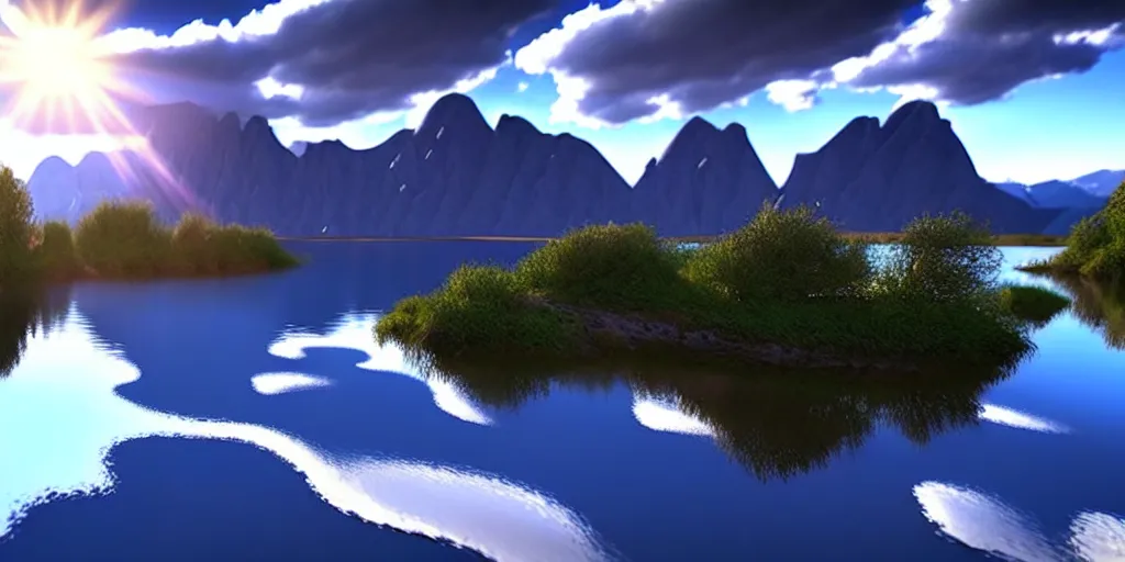 Image similar to a beautiful landscape, sun rises between two mountains, a lake in between the mountains, blue sky, cloudy, 3 d artwork by john stephans, unreal engine 5, extremely detailed, hyper realism