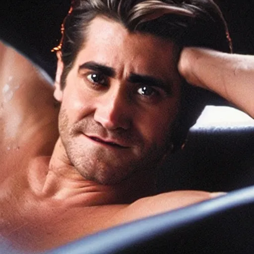 Image similar to a movie poster of Jake Gyllenhaal as patrick Swayze sitting in a hot tub in the movie Road House