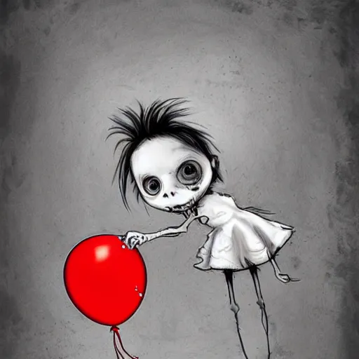 Prompt: surrealism grunge cartoon sketch of a cute little zombi girl with a wide smile and a red balloon by - michael karcz, loony toons style, horror theme, detailed, elegant, intricate
