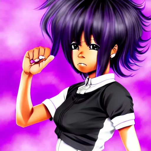 Image similar to black anime manga girl, throwing punch to camera pose, french bob hair, white hair, wearing camo, purple eyes, realistic, 4 k!!!, art station