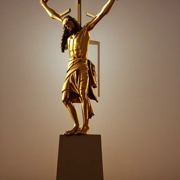 Image similar to gold statue of jesus on the cross, shiny, splash art, movie still, cinematic lighting, dramatic, octane render, long lens, shallow depth of field, bokeh, anamorphic lens flare, 8k, hyper detailed, 35mm film grain