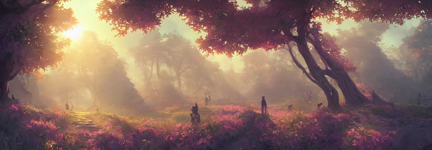 Image similar to A realm of whispers and mysteries, intricate, elegant, fantasy, highly detailed, digital painting, concept art, sharp focus, illustration, beautiful volumetric lighting, epic light, artstation, magic hour lighting, colorful, sunshine, springtime, by Sylvain Sarrailh