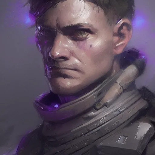 Image similar to concept art of a portrait by greg rutkowski, a soldier of the galactic dominion wearing gray and purple tactical gear, star wars expanded universe, smooth, sharp focus, artstation hq.