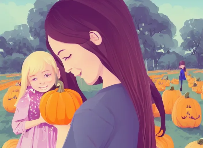 Image similar to little girl with long blonde hair and her mother visiting a pumpkin patch. clean cel shaded vector art. shutterstock. behance hd by lois van baarle, artgerm, helen huang, by makoto shinkai and ilya kuvshinov, rossdraws, illustration, art by ilya kuvshinov