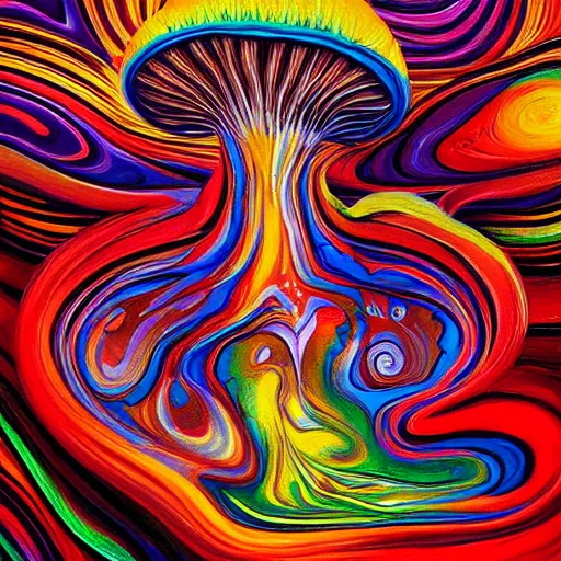 Image similar to fluid dynamics flow art a painting of an mushroom with a colorful swirl, acrylic marbling art by sam spratt, deviantart, psychedelic art, psychedelic, cosmic horror, chromatic