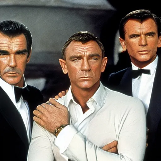 Prompt: Sean Connery, Pierce Brosnan and Daniel Craig in a James Bond reunion