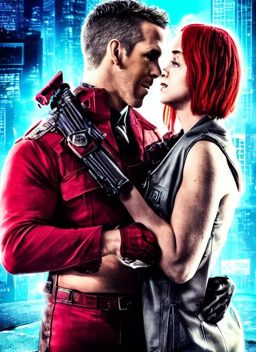 Image similar to poster for a romantic movie featuring ryan reynolds as sgt chase meeting the love of his life tiffany in prison, cyberpunk setting, 4 k resolution, on on imax