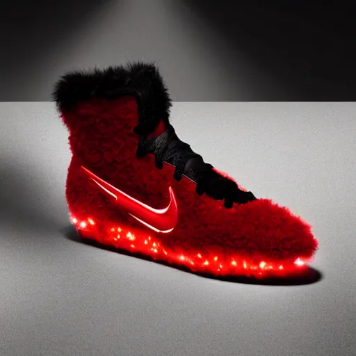 Image similar to nike model shoe made of very fluffy red and black faux fur placed on reflective surface, spiderman colors professional advertising, overhead lighting, heavy detail, realistic by nate vanhook, mark miner