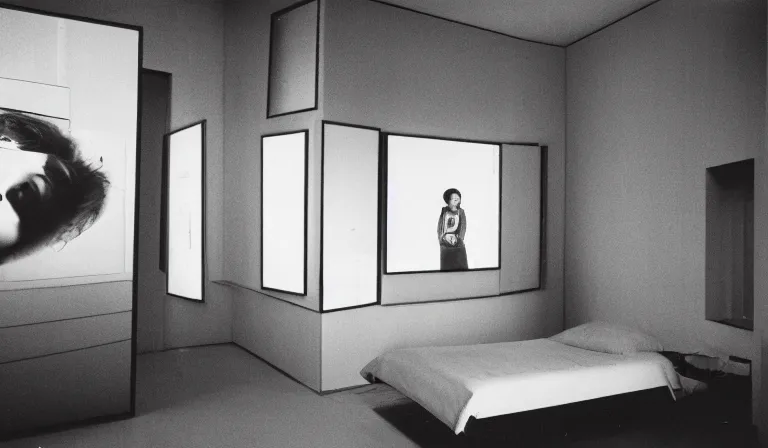 Prompt: A bedroom designed by Nam June Paik, 35mm film, long shot