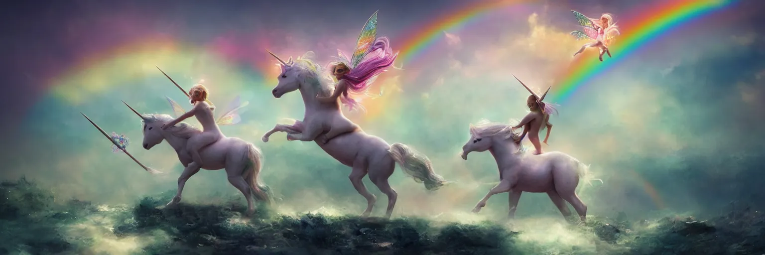 Image similar to a fairy riding a unicorn on the top of a rainbow, pastel tones, sparkles, glitter, octane render, 8k, flat brush, matte painting, trending on artstation, by Antonio J. Manzanedo