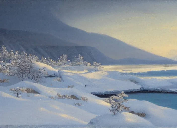 Image similar to the coast of hokkaido in winter, japan in the style of hudson river school of art, oil on canvas