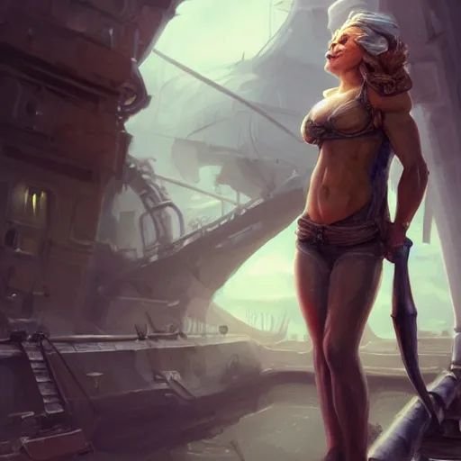Image similar to beautiful muscular female gnome engineer, casting lightning magic, short black pixie undercut hair, standing on ship deck, naval background, intricate, D&D, highly detailed, full body portrait, wide angle, digital painting, artstation, smooth, sharp focus, great composition, illustration, art by Greg Rutkowski, trending on artstation