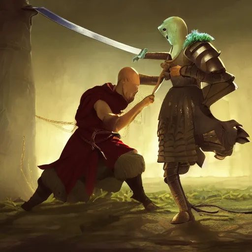 Prompt: Giant monk parakeet fight withs medieval knight with sword. Enchained, restrained. Bloom, volumetric lighting. Fantasy, digital painting, HD, 4k, detailed.