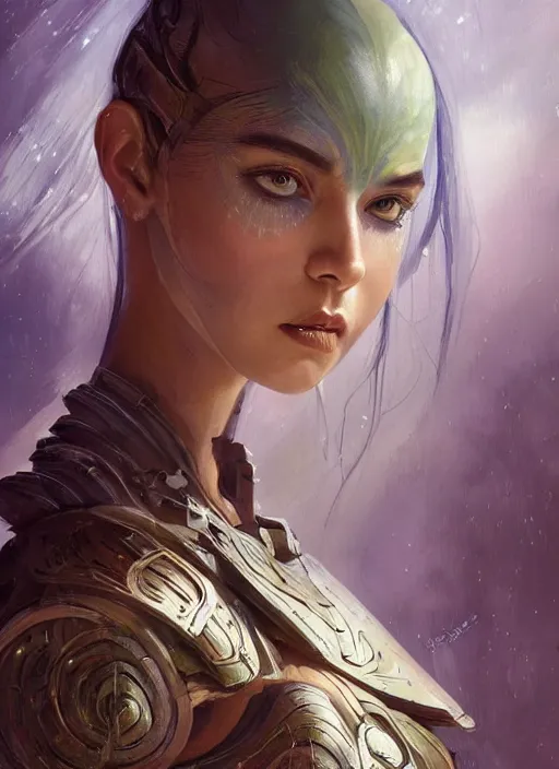 Image similar to a professional painting of a beautiful young female alien, clothed in ethereal armor, olive skin, long dark hair, beautiful bone structure, symmetrical facial features, intricate, elegant, digital painting, concept art, smooth, sharp focus, illustration, from Valerian and the City of a Thousand Planets, by Ruan Jia and Mandy Jurgens and Artgerm and William-Adolphe Bouguerea