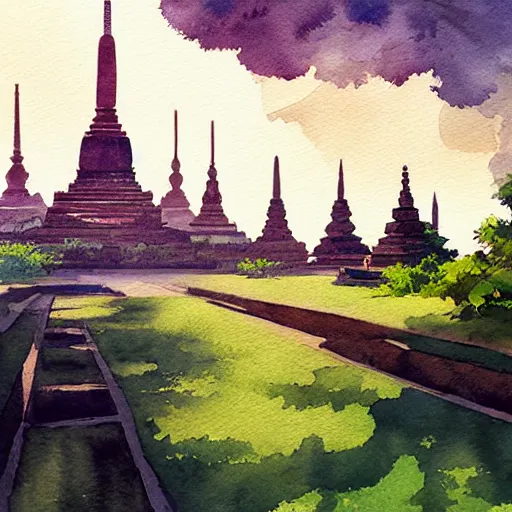 Prompt: sukhothai in the sunny day, watercolor, volumetric lighting, art by makoto shinkai