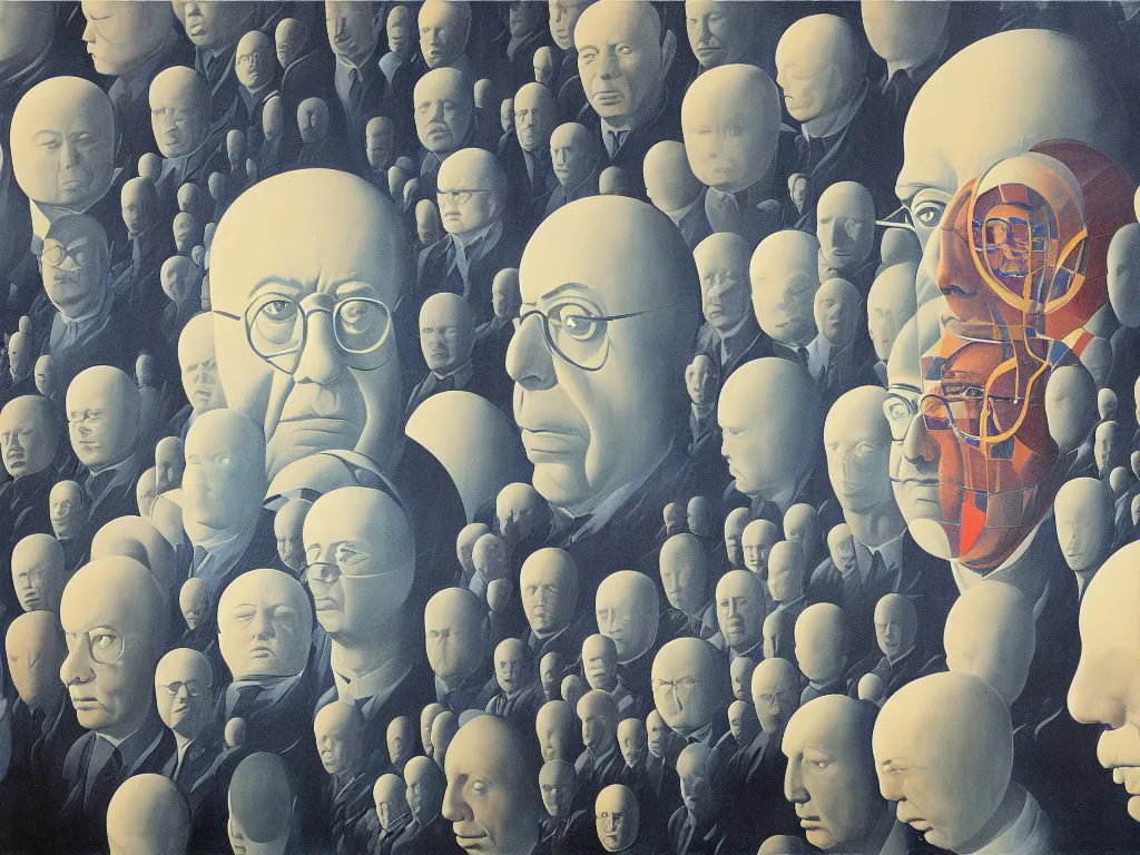 Image similar to the giant head of stanislaw lem is hovering above the futurological congress, painted by james jean and rene magritte