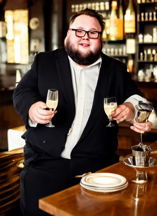 Prompt: a fat guy with glasses, short beard, odd haircut and a glass of champagne, in classic suit in a bar setting, dimly lights, afternoon tea, a very interesting and intellectual person