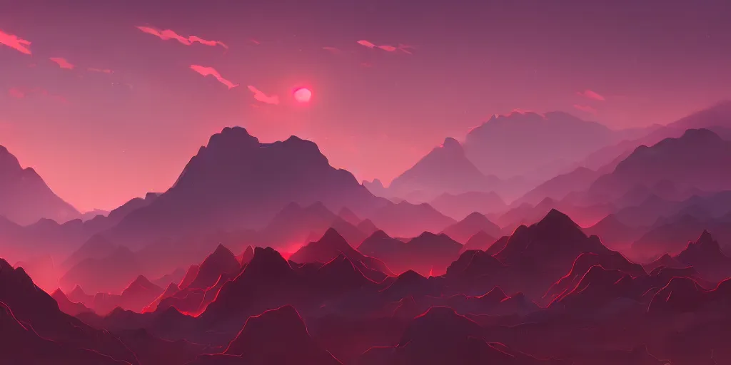 Prompt: Landscape of infernal mountains with red dark sky, ambient lighting, 4k, anime key visual, lois van baarle, ilya kuvshinov, rossdraws, artstation