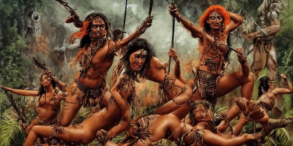 Prompt: movie, ancient battle in jungle, beautiful brutal aztec and Amazonian females fight, epic, vintage, blood, slight inspiration of Boris vallejo and apocalypto