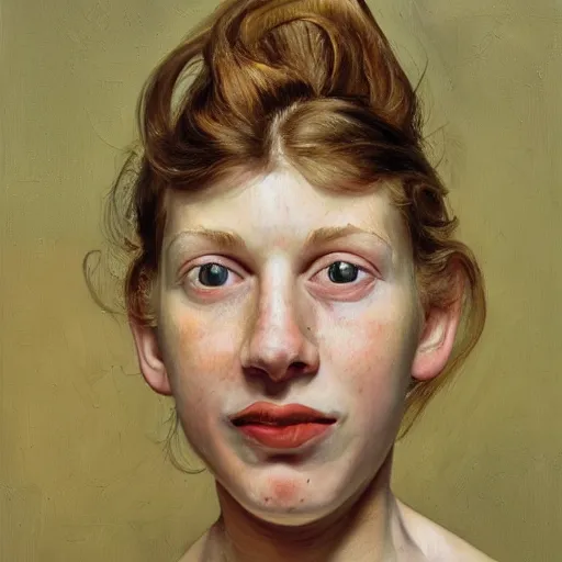 Image similar to high quality high detail painting by lucian freud, hd, excited girl portrait, low angle, photorealistic lighting