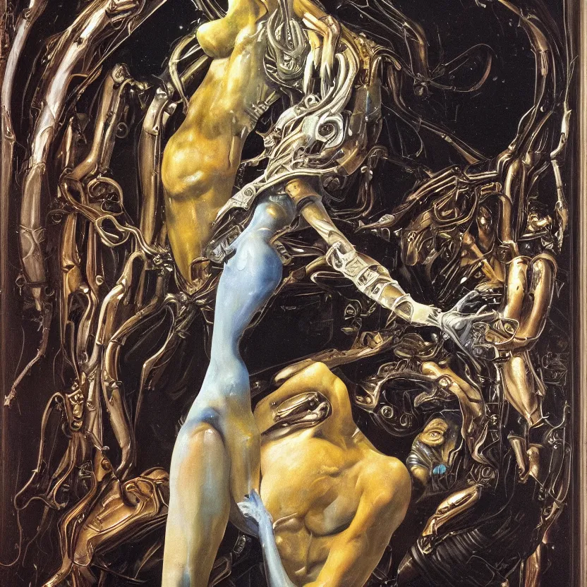 Prompt: an ornate marble statue of a futuristic alien reaching through a framed painting, pulp sci - fi art for omni magazine. high contrast. baroque period, oil on canvas. renaissance masterpiece