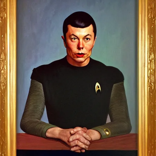 Prompt: a portrait painting of Elon Musk as Spock from Star Trek painted by Norman Rockwell