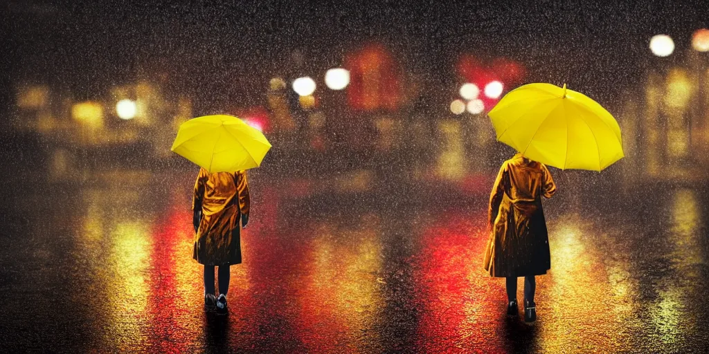 Prompt: a girl in a yellow raincoat and a red umbrella, standing in the rain on top of a roof, night, tokyo street, raining , wet, artstation, cgsociety, depth of field, bokeh, neon lights