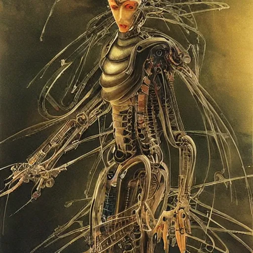 Image similar to “ highly detailed sci - fi concept art portrait of a sleek robot design, a highly detailed yoshitaka amano painting, by adrian ghenie and gerhard richter. art by takato yamamoto. masterpiece, deep colours. ”