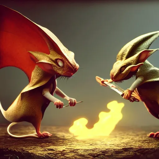 Image similar to cartoon mice fighting a dragon, 8K, octane render, unreal engine, dramatic lighting, cinematic, establishing shot, extremely high detail, foto realistic, cinematic lighting, post processed, concept art, high details, cinematic, 8k resolution, beautiful detailed, photorealistic, digital painting, artstation, concept art, smooth, sharp focus, artstation trending, octane render, unreal engine