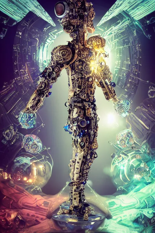 Prompt: full-body rococo and cyberpunk style crystal quartz statue of a young muscular dotado Brazilian android man falling from the sky, glowing white laser eyes, crown of blue gears and diamonds, swirling gold-colored silk fabric. futuristic elements. full-length view. steampunk roses. human skulls. intricate artwork by caravaggio. Trending on artstation, octane render, cinematic lighting from the right, hyper realism, octane render, 8k, depth of field, 3D