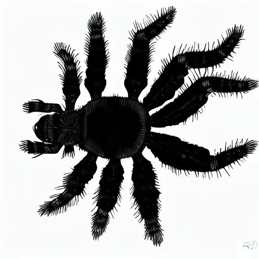 Image similar to book illustration of a tarantula with a machine gun. book illustration, monochromatic, white background, black and white image