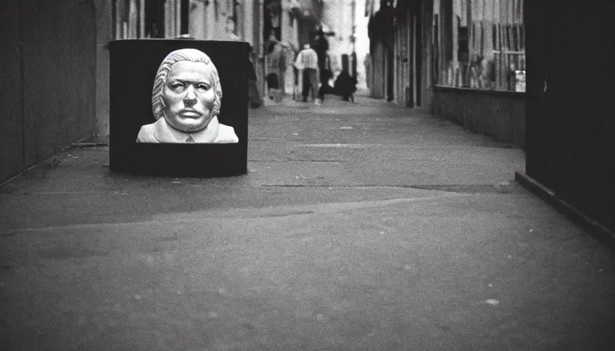 Image similar to 1 9 7 0 s movie still of the head of robespierre on the pavement, cinestill 8 0 0 t 3 5 mm, high quality, heavy grain, high detail, cinematic composition, dramatic light, anamorphic, ultra wide lens, hyperrealistic