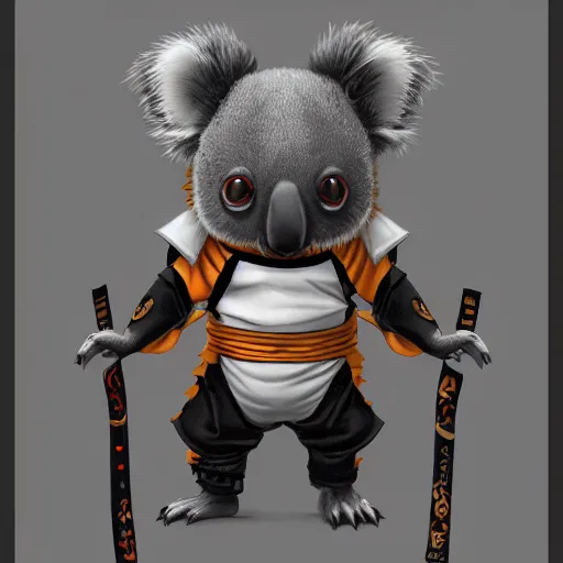 Image similar to an elegant demon koala dressed in a smart black shinobi outfit with naruto band, digital art by łukasz piskorz and patrick mcenvoy and michael komarck, intricate, highly detailed, artstation, concept art, smooth, sharp focus