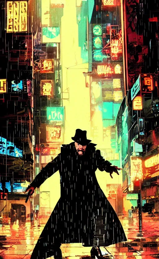 Prompt: Grizzled Trenchcoat detective leaping into the rain. Dynamic, delirious, creative panel style by Bill Sienkiewicz. Heavy chromatic abberation. Visual distortion. Sci-Fi cyberpunk Comic page made up of art by the best artists Trending on Artstation. Octane render, Raytracing, 3d masterpiece, fantastic lighting by James Gurney. Noir detective genre.